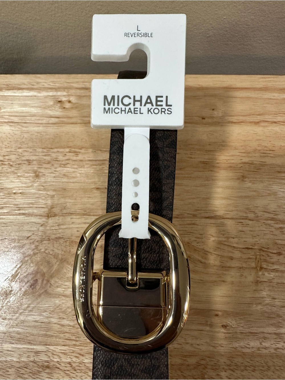 MICHAEL Michael Kors Brown/Tan Reversible Leather Belt with Gold Oval Buckle - Picture 2 of 8